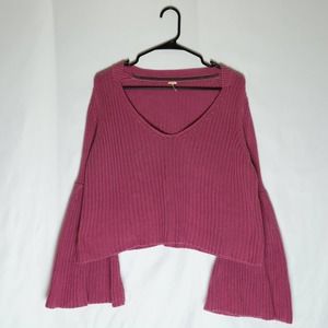 Free People Damsel Cable Knit Sweater Womens S Pink V Neck Bell Sleeve Pullover